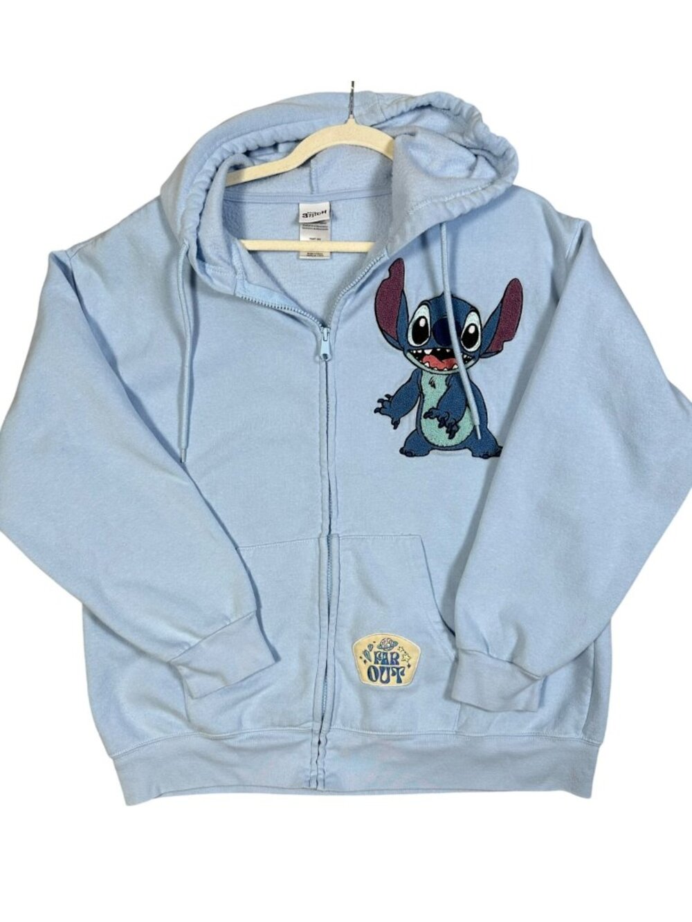 DISNEY STITCH WOMEN’S XXL LIGHT BLUE FULL ZIP HOODIE EMBROIDERED PATCHES
